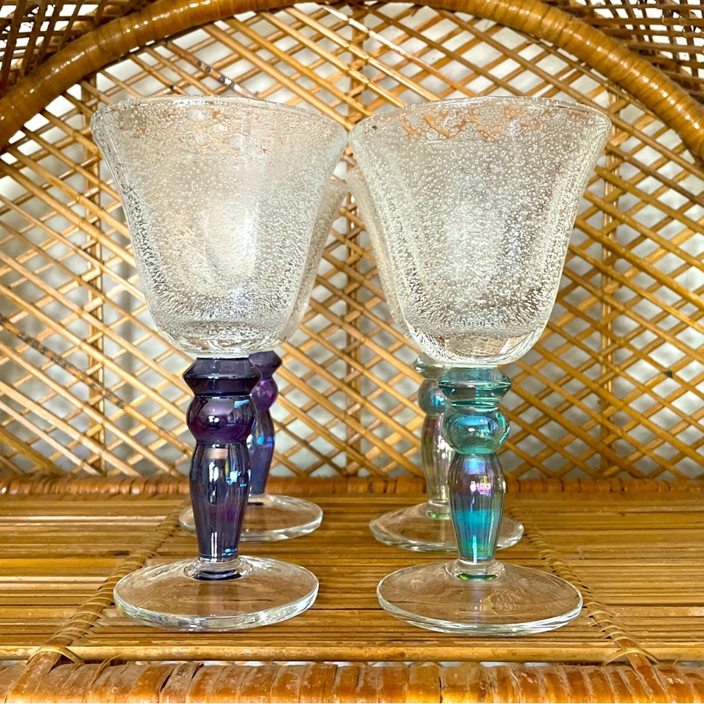 4 Pottery Barn Hand Blown Bubble Glass Wine Goblets Colored Stem 7.25" Poland